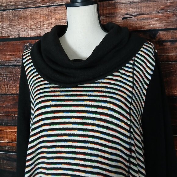 Ali Miles Tunic Sweater 1X Cowl Neck Black Rainbow Striped - Picture 3 of 10